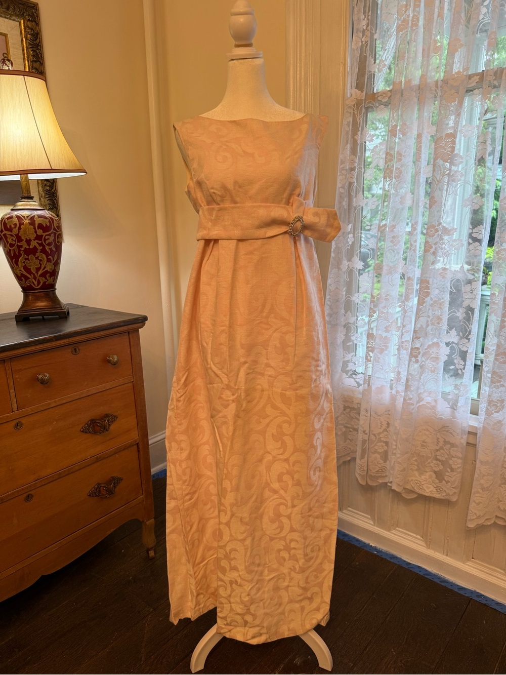 VIntage House of Bianchi Pinky Lilac Gown with this amazing rhinestone belt.
